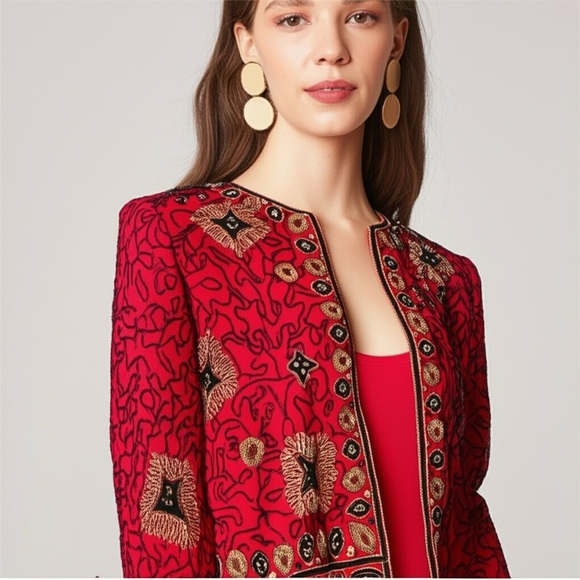 Adrianna Papell 1994 Silk Beaded Jacket Red Black Gold Evening Formal VTG Sz S - Picture 1 of 13